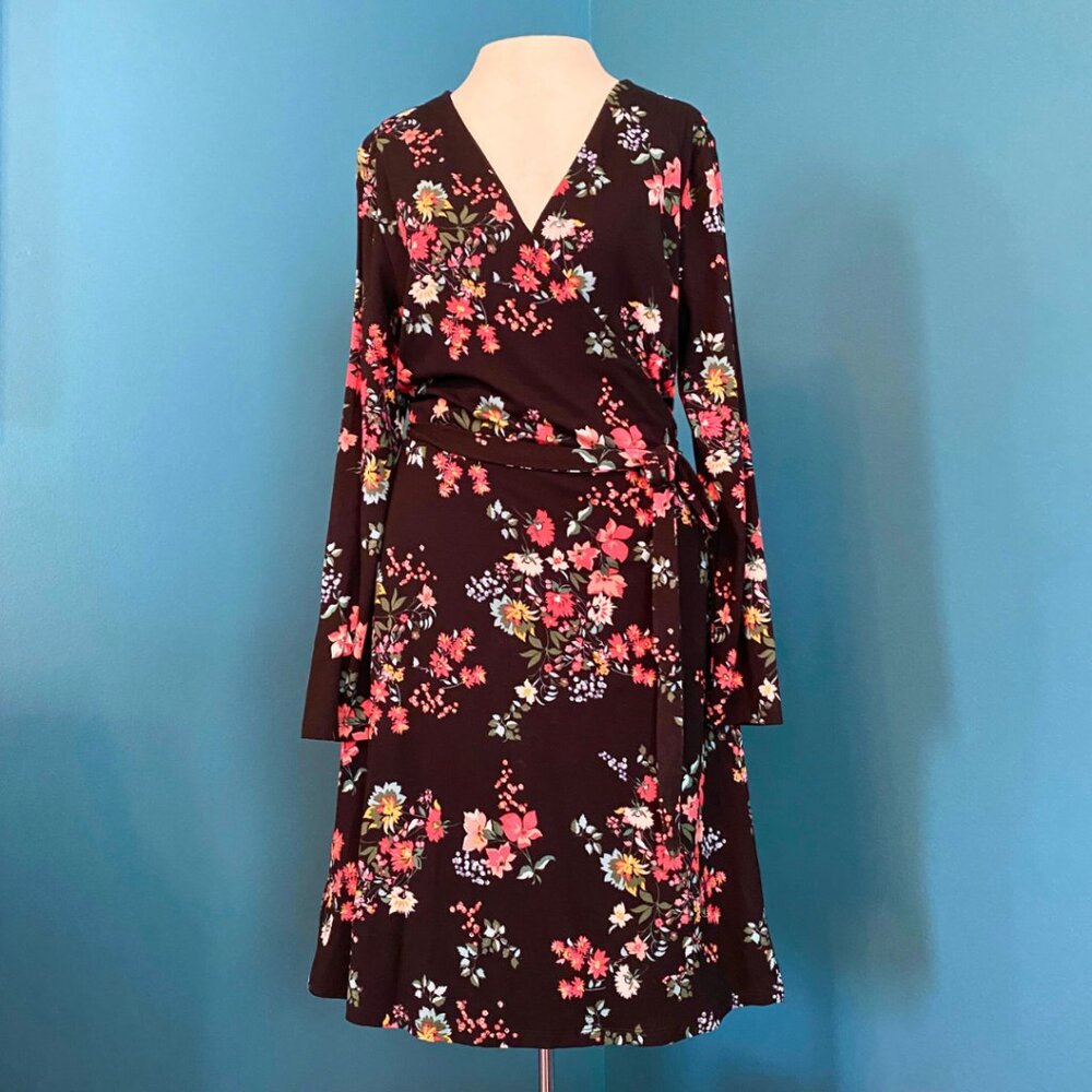 Long-Sleeved Floral Knit Wrap Dress from Loft